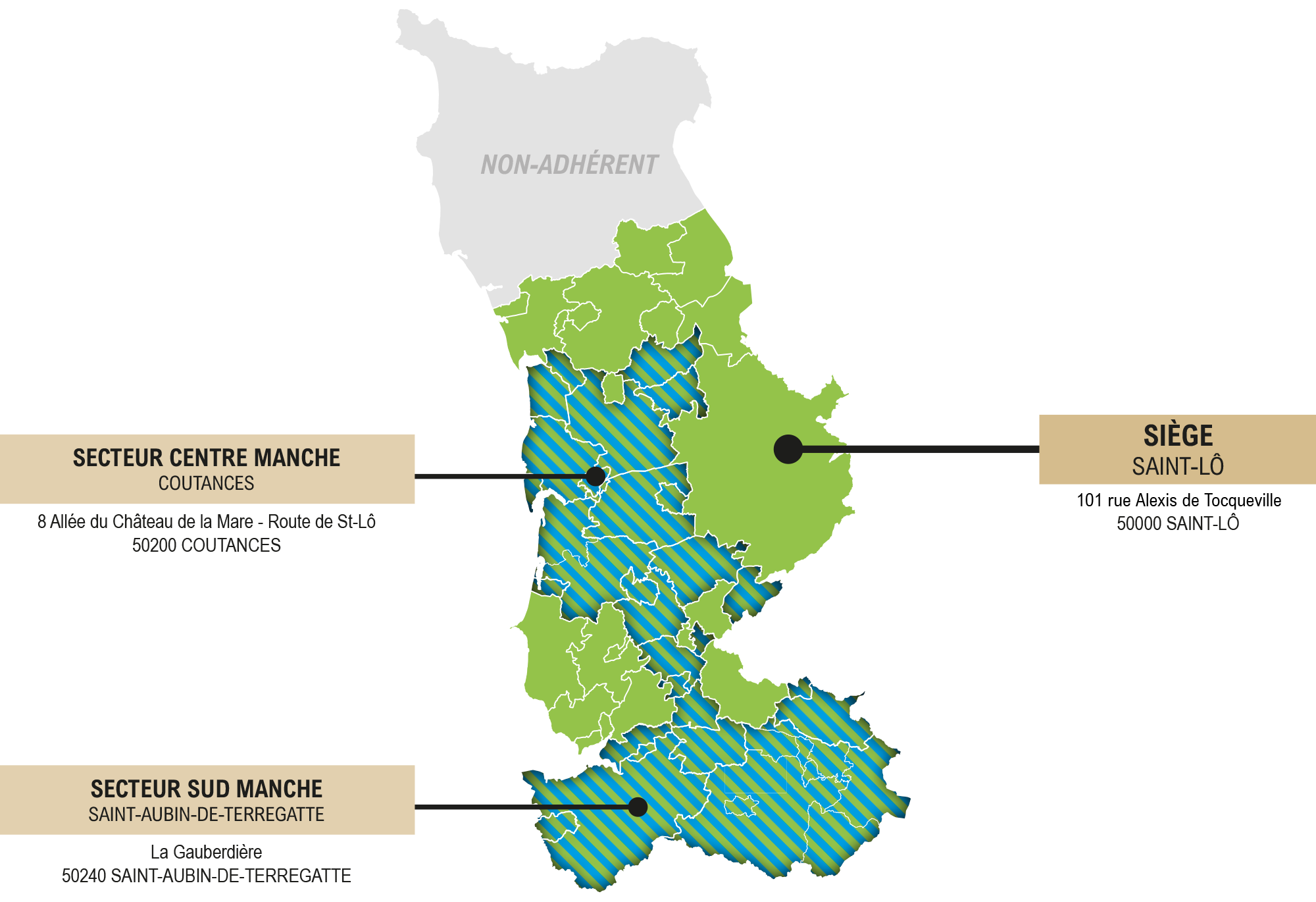 Les secteurs géographiques du SDeau50 avec le secteur centre avec Coutances et le secteur sud avec Saint-Aubin-de-Terregatte